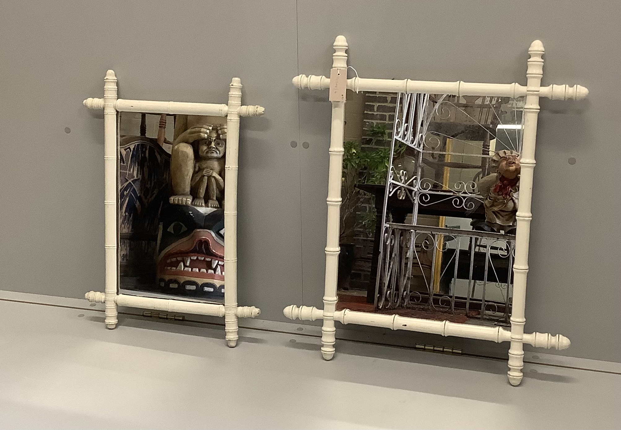 Two French faux bamboo rectangular wall mirrors, later painted white, larger width 61cm, height 71cm